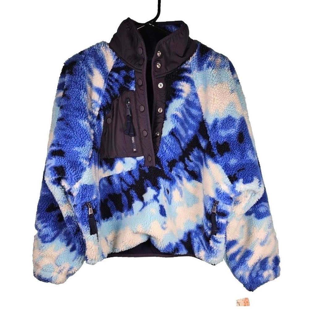 Free People Hit the‎ Trails Fleece Pullover Ocean TieDye Blue Cozy Sherpa Winter